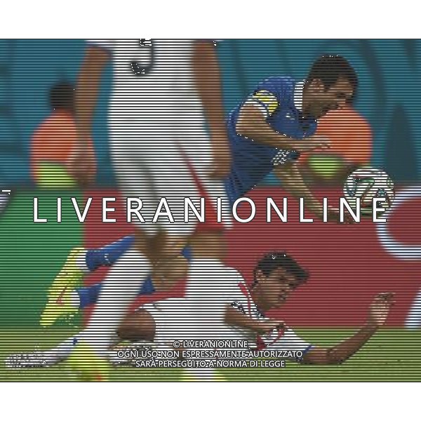 (140629) -- RECIFE, June 29, 2014 () -- Greece\'s Giorgos Karagounis (C) falls down during a Round of 16 match between Costa Rica and Greece of 2014 FIFA World Cup at the Arena Pernambuco Stadium in Recife, Brazil, on June 29, 2014.(/Guo Yong)(rh) AG ALDO LIVERANI SAS ONLY ITALY