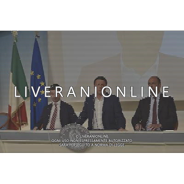 Conferenza Stampa dopo il Consiglio dei Ministri sui dodici punti della riforma della giustizia a Palazzo Chigi Roma 30 giugno 2014 nella foto Matteo Renzi Andrea Orlando Angelino Alfano ©Corradetti/Agenzia Aldo Liverani sas