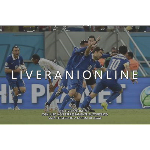 (140629) -- RECIFE, June 29, 2014 () -- Greece\'s players celebrate a goal during a Round of 16 match between Costa Rica and Greece of 2014 FIFA World Cup at the Arena Pernambuco Stadium in Recife, Brazil, on June 29, 2014.(/Yang Lei)(xzj) ©photoshot/Agenzia Aldo Liverani sas - ITALY ONLY - EDITORIAL USE ONLY - Costa Rica Vs Grecia Coppa del mondo FIFA 2014 allo stadio Arena Pernambuco di Recife, in Brasile, il 29 giugno 2014