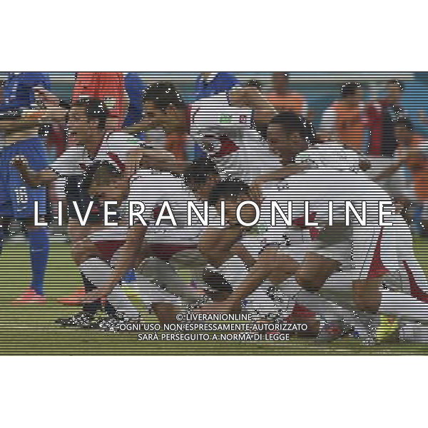 (140629) -- RECIFE, June 29, 2014 (Xinhua) -- Costa Rica\'s players celebrate their victory after the penalty shoot-out during a Round of 16 match between Costa Rica and Greece of 2014 FIFA World Cup at the Arena Pernambuco Stadium in Recife, Brazil, on June 29, 2014. Costa Rica won 6-4 (5-3 in penalties) over Greece and qualified for quarter-finals on Sunday. (Xinhua/Lui Siu Wai)(pcy) ©photoshot/Agenzia Aldo Liverani sas - ITALY ONLY - EDITORIAL USE ONLY - Costa Rica Vs Grecia Coppa del mondo FIFA 2014 allo stadio Arena Pernambuco di Recife, in Brasile, il 29 giugno 2014