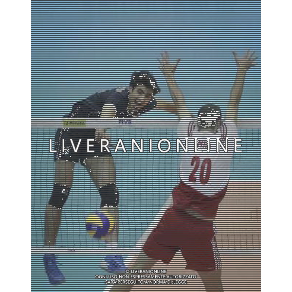 (140630) -- TEHRAN, June 30, 2014 () -- Amir Ghafour (L) of Iran spikes the ball during the match against Poland at FIVB Men\'s Volleyball World League 2014 at Azadi Stadium in Tehran, Iran on June 29, 2014. Iran won 3-0. (/Ahmad Halabisaz) ©photoshot/Agenzia Aldo Liverani sas - ITALY ONLY - EDITORIAL USE ONLY