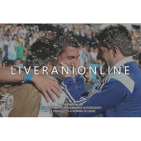 (140701) -- SAO PAULO, July 1, 2014 () -- Argentina\'s Angel Di Maria (C) celebrates the goal during the extra time of a Round of 16 match between Argentina and Switzerland of 2014 FIFA World Cup at the Arena de Sao Paulo Stadium in Sao Paulo, Brazil, on July 1, 2014. Argentina won 1-0 over Switzerland after 120 minutes and qualified for quarter-finals on Tuesday.(/Xu Zijian)(rh) ©photoshot/Agenzia Aldo Liverani sas - ITALY ONLY - EDITORIAL USE ONLY - Argentina - Svizzera Coppa del Mondo FIFA 2014 allo stadio Arena di Sao Paulo, in Brasile, 1 ° luglio 2014