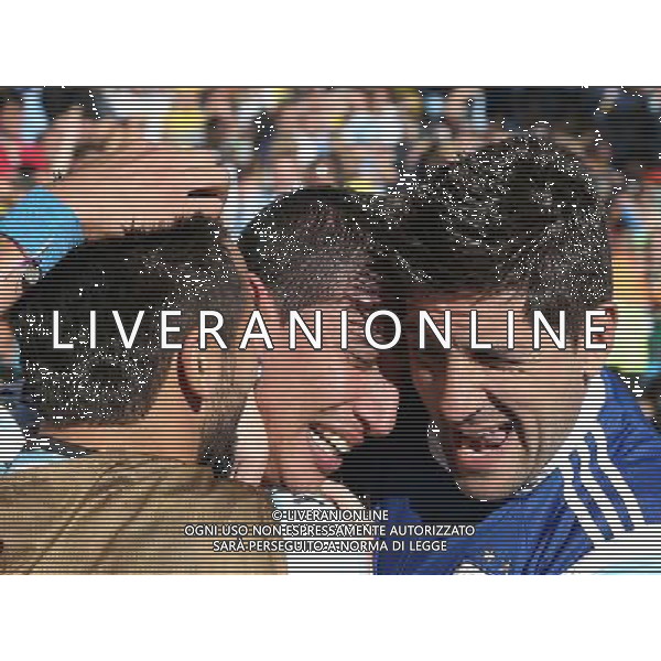 (140701) -- SAO PAULO, July 1, 2014 () -- Argentina\'s Angel Di Maria (C) celebrates the goal during the extra time of a Round of 16 match between Argentina and Switzerland of 2014 FIFA World Cup at the Arena de Sao Paulo Stadium in Sao Paulo, Brazil, on July 1, 2014. Argentina won 1-0 over Switzerland after 120 minutes and qualified for quarter-finals on Tuesday.(/Xu Zijian)(rh) ©photoshot/Agenzia Aldo Liverani sas - ITALY ONLY - EDITORIAL USE ONLY - Argentina - Svizzera Coppa del Mondo FIFA 2014 allo stadio Arena di Sao Paulo, in Brasile, 1 ° luglio 2014