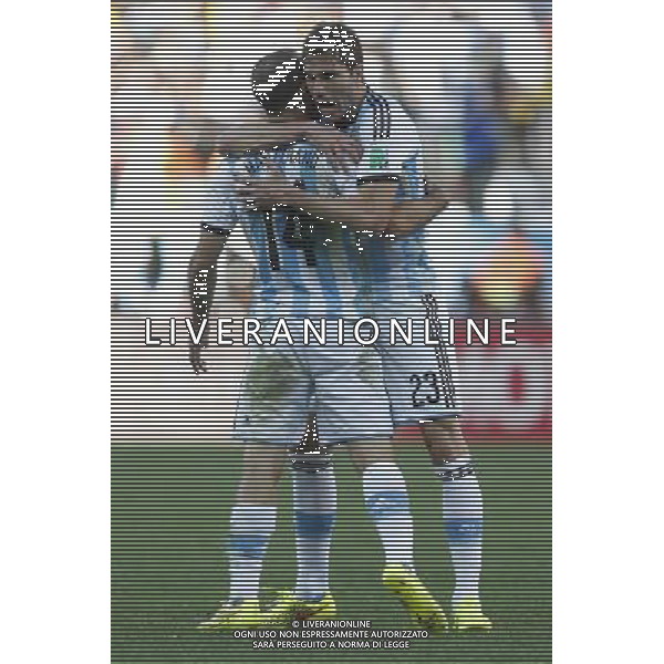 (140701) -- SAO PAULO, July 1, 2014 () -- Argentina\'s Javier Mascherano (L) celebrates their victory with Jose Basanta after a Round of 16 match between Argentina and Switzerland of 2014 FIFA World Cup at the Arena de Sao Paulo Stadium in Sao Paulo, Brazil, on July 1, 2014. Argentina won 1-0 over Switzerland after 120 minutes and qualified for quarter-finals on Tuesday. (/Wang Lili)(pcy) ©photoshot/Agenzia Aldo Liverani sas - ITALY ONLY - EDITORIAL USE ONLY - Argentina - Svizzera Coppa del Mondo FIFA 2014 allo stadio Arena di Sao Paulo, in Brasile, 1 ° luglio 2014