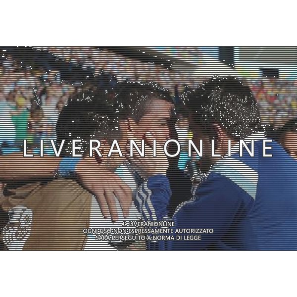 (140701) -- SAO PAULO, July 1, 2014 () -- Argentina\'s Angel Di Maria (C) celebrates the goal during the extra time of a Round of 16 match between Argentina and Switzerland of 2014 FIFA World Cup at the Arena de Sao Paulo Stadium in Sao Paulo, Brazil, on July 1, 2014. Argentina won 1-0 over Switzerland after 120 minutes and qualified for quarter-finals on Tuesday.(/Xu Zijian)(rh) ©photoshot/Agenzia Aldo Liverani sas - ITALY ONLY - EDITORIAL USE ONLY - Argentina - Svizzera Coppa del Mondo FIFA 2014 allo stadio Arena di Sao Paulo, in Brasile, 1 ° luglio 2014