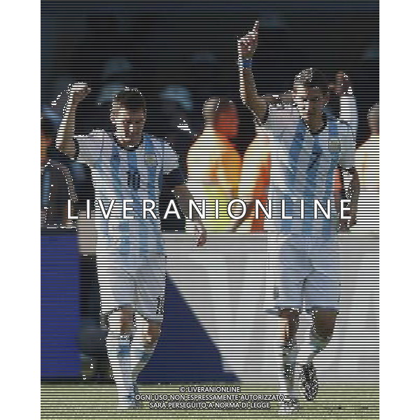(140701) -- SAO PAULO, July 1, 2014 () -- Argentina\'s Angel Di Maria (R) celebrates a goal with Lionel Messi during the extra time of a Round of 16 match between Argentina and Switzerland of 2014 FIFA World Cup at the Arena de Sao Paulo Stadium in Sao Paulo, Brazil, on July 1, 2014. Argentina won 1-0 over Switzerland after 120 minutes and qualified for quarter-finals on Tuesday. (/Wang Lili)(pcy) ©photoshot/Agenzia Aldo Liverani sas - ITALY ONLY - EDITORIAL USE ONLY - Argentina - Svizzera Coppa del Mondo FIFA 2014 allo stadio Arena di Sao Paulo, in Brasile, 1 ° luglio 2014