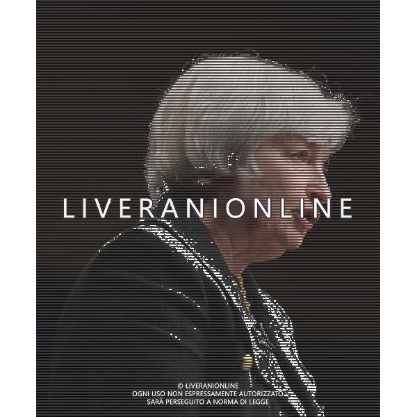 (140702) -- WASHINGTON D.C., July 2, 2014 () -- U.S. Federal Reserve Chair Janet Yellen speaks at the headquarters of the IMF in Washington D.C., capital of the United States, July 2, 2014. U.S. Federal Reserve Chair Janet Yellen said Wednesday that she didn\'t see the need for the central bank to change current monetary policy in order to address financial stability concerns, although she acknowledged \'pockets of increased risk-taking\' in the financial system. (/Bao Dandan) AG ALDO LIVERANI SAS ONLY ITALY