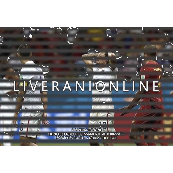 (140701) -- SALVADOR, July 1, 2014 () -- Jermaine Jones (C) of the U.S. reacts during the extra time of a Round of 16 match between Belgium and the U.S. of 2014 FIFA World Cup at the Arena Fonte Nova Stadium in Salvador, Brazil, on July 1, 2014. Belgium won 2-1 over the U.S. after 120 minutes and qualified for quarter-finals on Tuesday.(/Yang Lei) AG ALDO LIVERANI SAS ONLY ITALY