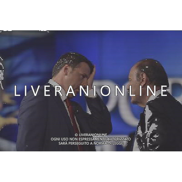 Il premier Matteo Renzi ospite della trasmissione televisiva Porta a Porta a Roma 02 luglio 2014 nella foto con Bruno Vespa ©Corradetti/Agenzia Aldo Liverani sas