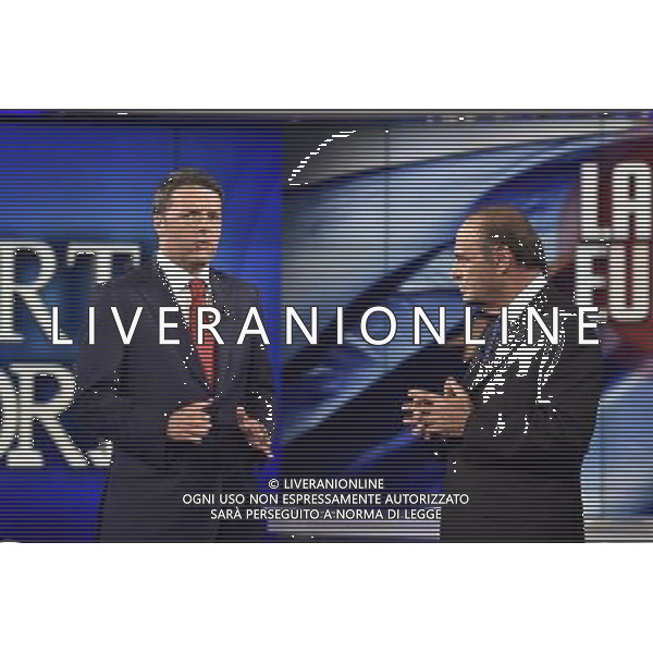 Il premier Matteo Renzi ospite della trasmissione televisiva Porta a Porta a Roma 02 luglio 2014 nella foto con Bruno Vespa ©Corradetti/Agenzia Aldo Liverani sas