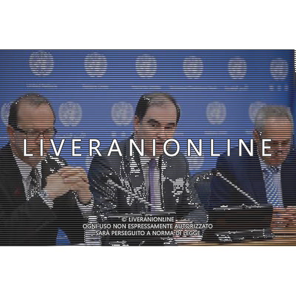 (140703) -- New York, July 3, 2014 () -- John Ging (C), operations director for the UN Office for the Coordination of Humanitarian Affairs (OCHA), speaks during a press briefing at the United Nations headquarters in New York, on July 2, 2014. Yemen, reeling from political instability and insecurity from jihadist attacks, is \'on the brink of an economic collapse,\' Ging said here Wednesday, blaming the mild, but popular, drug khat for much of the Aden Gulf nation\'s woes. (/Niu Xiaolei) AG ALDO LIVERANI SAS ONLY ITALY