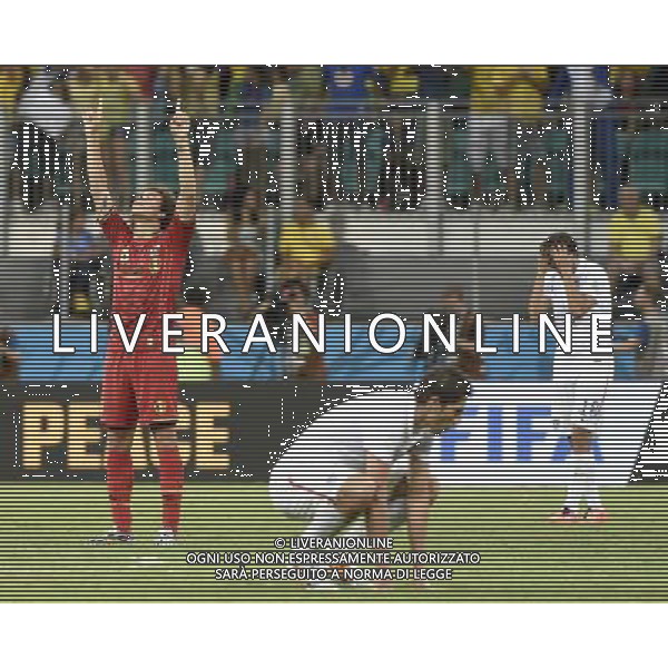 (140701) -- SALVADOR, July 1, 2014 () -- Belgium\'s Marouane Fellaini (L) celebrates after a Round of 16 match between Belgium and the U.S. of 2014 FIFA World Cup at the Arena Fonte Nova Stadium in Salvador, Brazil, on July 1, 2014. Belgium won 2-1 over the U.S. after 120 minutes and qualified for quarter-finals on Tuesday. (/Lui Siu Wai)(pcy) ©PHOTOSHOT /Agenzia Aldo Liverani sas - ITALY ONLY - EDITORIAL USE ONLY ©PHOTOSHOT/Agenzia Aldo Liverani sas - ITALY ONLY - EDITORIAL USE ONLY