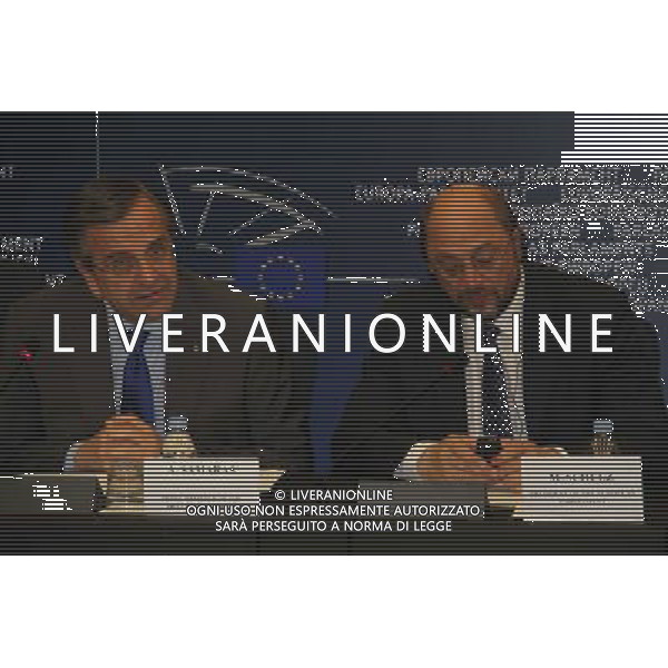 (140702) -- STRASBOURG, July 2, 2014 () -- New president of the European Parliament (EP) Martin Schulz (R) and Greek Prime Minister Antonis Samaras hold a joint press conference in Strasbourg, France, July 2, 2014. (/Lu Suyan) ©PHOTOSHOT/Agenzia Aldo Liverani sas - ITALY ONLY - EDITORIAL USE ONLY