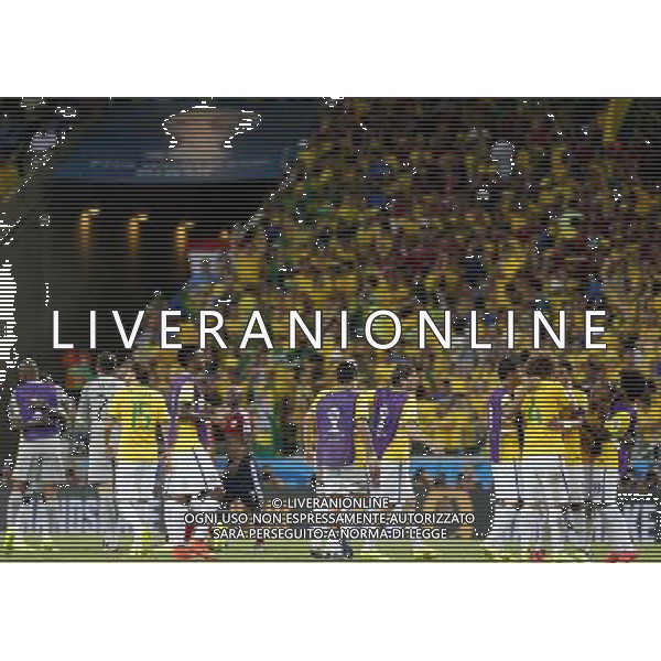 (140704) -- FORTALEZA, July 4, 2014 () -- Brazil\'s players celebrate the victory after a quarter-finals match between Brazil and Colombia of 2014 FIFA World Cup at the Estadio Castelao Stadium in Fortaleza, Brazil, on July 4, 2014. Brazil won 2-1 over Colombia and qualified for semi-finals on Friday. (/Zhou Lei)(rh) AG ALDO LIVERANI SAS ONLY ITALY