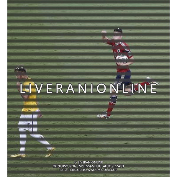 (140704) -- FORTALEZA, July 4, 2014 () -- Colombia\'s James Rodriguez (R) celebrates his penalty goal during a quarter-finals match between Brazil and Colombia of 2014 FIFA World Cup at the Estadio Castelao Stadium in Fortaleza, Brazil, on July 4, 2014. Brazil won 2-1 over Colombia and qualified for semi-finals on Friday. (/Liao Yujie)(pcy) AG ALDO LIVERANI SAS ONLY ITALY