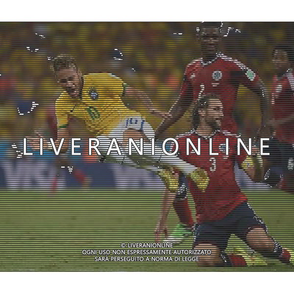 (140704) -- FORTALEZA, July 4, 2014 () -- Brazil\'s Neymar (L) falls down in a competition with Colombia\'s Mario Yepes during a quarter-finals match between Brazil and Colombia of 2014 FIFA World Cup at the Estadio Castelao Stadium in Fortaleza, Brazil, on July 4, 2014.(/Li Ga)(pcy) AG ALDO LIVERANI SAS ONLY ITALY