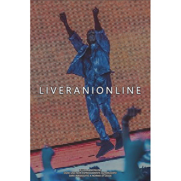 Kanye West wearing a bejewelled mask headlines the mains stage at Wireless 2014 LONDON, Friday, Day One at Finsbury Park, London, United Kingdom Date: 04/07/2014 AG ALDO LIVERANI SAS ONLY ITALY