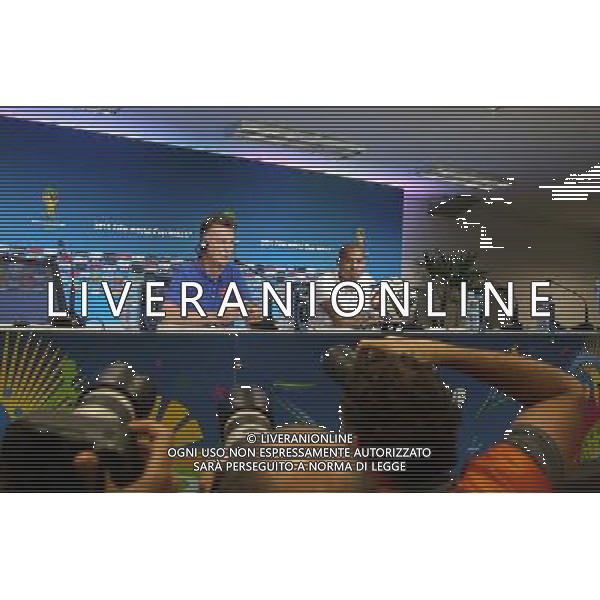 (140704) -- SALVADOR, July 4, 2014 () -- Netherlands\' coach Louis Van Gaal (L) and Nigel de Jong attend a press conference in Salvador, Brazil, on July 4, 2014, ahead of a quarter-finals match between Netherlands and Costa Rica of 2014 FIFA World Cup. (/Cao Can)(pcy) AG ALDO LIVERANI SAS ONLY ITALY
