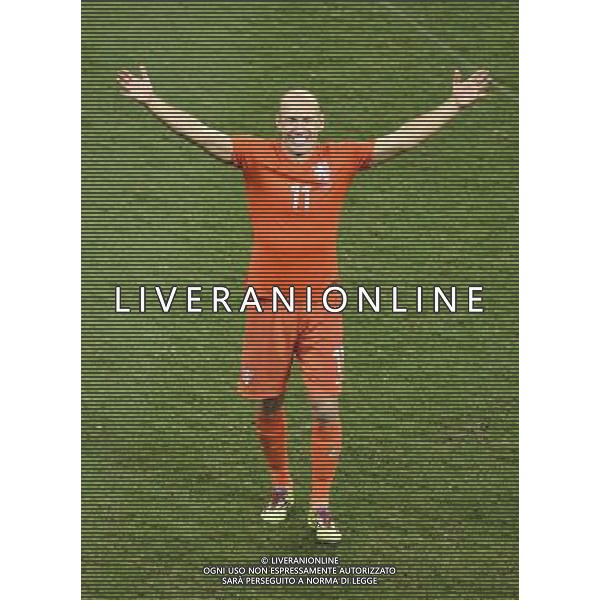 (140705) -- SALVADOR, July 5, 2014 () -- Netherlands\' Arjen Robben celebrates after winning a quarter-finals match between Netherlands and Costa Rica of 2014 FIFA World Cup at the Arena Fonte Nova Stadium in Salvador, Brazil, on July 5, 2014. Netherlands won 4-3 on penalties over Costa Rica after a 0-0 tie and qualified for semi-finals on Saturday. (/Yang Lei)(xzj) ©photoshot/Agenzia Aldo Liverani sas - ITALY ONLY - EDITORIAL USE ONLY - Olanda vs Costa Rica partita di quarti di finale Coppa del mondo FIFA 2014 in Salvador, in Brasile, il 5 luglio 2014.