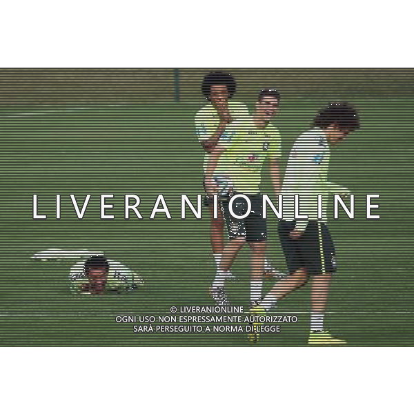 RJ - COPA/BRASIL/TREINO - ESPORTES - (e/d) Fred, Marcelo, Oscar e David Luiz durante o treino da sele o brasileira de futebol realizado na Granja Comary, em Teres olis, regi serrana do Rio de Janeiro, neste domingo (6). A equipe se prepara para enfrentar a Alemanha na pr ima ter -feira (08), pelas semifinais da Copa do Mundo 2014. 06/07/2014 - Foto: WILTON JUNIOR/ESTAD CONTE O ©PHOTOSHOT/Agenzia Aldo Liverani sas - ITALY ONLY - EDITORIAL USE ONLY - Allenamento della nazionale Brasiliana a Rio de Janeiro, Brasile 6 luglio 2014 in attesa della semifinale della coppa del mondo FIFA 2014