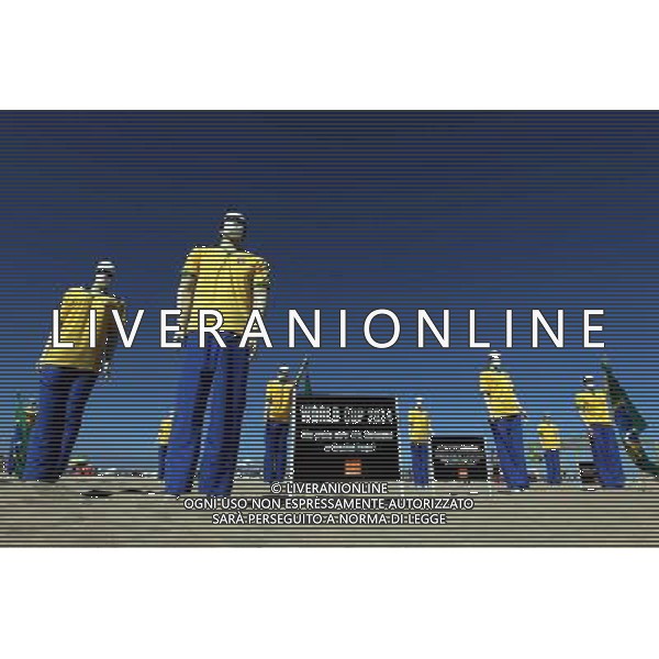 (140706) -- RIO DE JANEIRO, July 6, 2014 () -- Mannequins with their eyes covered are seen during a protest against the high cost of the FIFA World Cup Brazil 2014, at Copacabana Beach, in Rio de Janeiro, Brazil, on July 6, 2014. According to the local press, twelve mannequins representing the World Cup\'s twelve host cities, were exhibited during the protest. (/AGENCIA ESTADO) (ce) ***BRAZIL OUT*** ©PHOTOSHOT/Agenzia Aldo Liverani sas - ITALY ONLY - EDITORIAL USE ONLY - Manichini con i loro occhi coperti da una fascia per una manifestazione di protesta sulla spiaggia di Copacabana, a Rio de Janeiro contro le spese eccessive della coppa del mondo FIFA Brasile 2014, 6 luglio 2014.