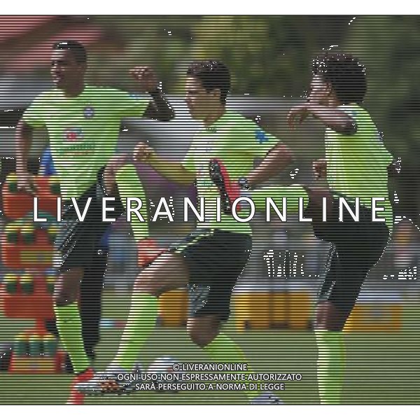 (140707) -- TERESOPOLIS, July 7, 2014 () -- Players of Brazil take part in a training session in Teresopolis, near Rio de Janeiro, Brazil, July 7, 2014. Brazil will play Germany in their 2014 World Cup semifinal in Belo Horizonte on Tuesday. (/AGENCIA ESTADO) AG ALDO LIVERANI SAS ONLY ITALY