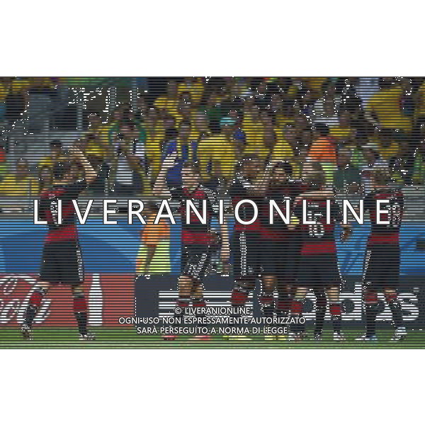 (140708) -- BELO HORIZONTE, July 8, 2014 () -- Brazil\'s Miroslav Klose (2nd L) celebrates a goal during a semifinal match between Brazil and Germany of 2014 FIFA World Cup at the Estadio Mineirao Stadium in Belo Horizonte, Brazil, on July 8, 2014.(/Chen Jianli)(rh) AG ALDO LIVERANI SAS ONLY ITALY