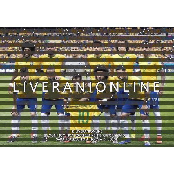FIFA World Cup Brasile 2014 Semifinali Belo Horizonte - 08.07.2014 Brasile-Germania Nella Foto:Brasile Squadra Formazione Julio Cesar,Luiz,Fernandinho,Marcelo,Hulk,Fred,Oscar,Dante,Luiz Gustavo,Bernard,Maicon /Ph.Vitez-Ag. Aldo Liverani