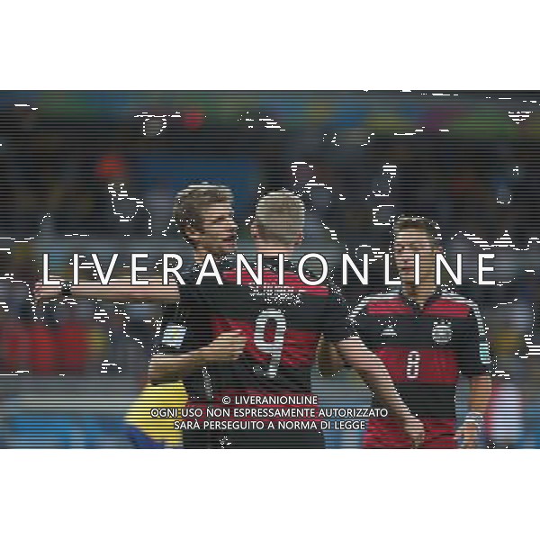 vl. Thomas Mueller (GER), Andre Schuerrle (GER) und Mesut Oezil (GER) // during Semi Final match between Brasil and Germany of the FIFA Worldcup Brazil 2014 at the Mineirao in Belo Horizonte, Brazil on 2014/07/08. EXPA Pictures © 2014, PhotoCredit: EXPA/ Eibner-Pressefoto/ Cezaro *****ATTENTION - OUT of GER***** AG ALDO LIVERANI SAS ONLY ITALY
