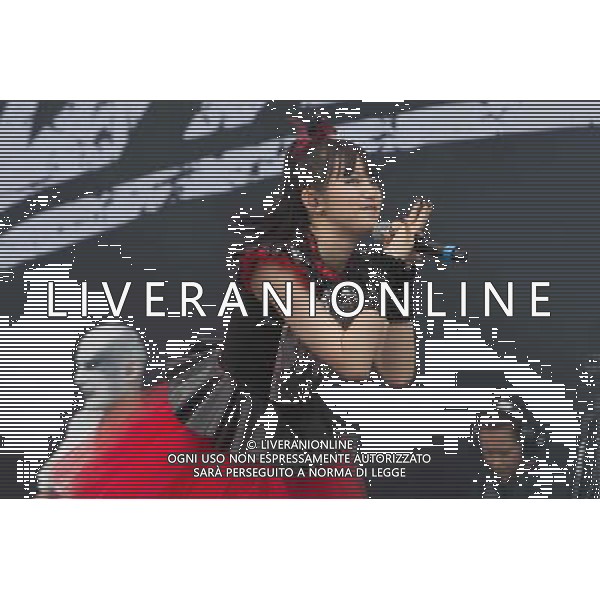 J-Metal group Babymetal perform on the main stage at Sonisphere Festival, Knebworth, UK on 5th July 2014. The band consists of Suzuka Nakamoto (Su-Metal - wearing two gloves), Moa Kikuchi (Moametal - wearing glove on left hand) and Yui Mizuno (Yuimetal - wearing glove on right hand) ©PHOTOSHOT/Agenzia Aldo Liverani sas - ITALY ONLY - EDITORIAL USE ONLY - Il Gruppo Babymetal J-Metal si esibisce sul palco de Festival Sonisphere, Knebworth, Regno Unito il 5 luglio 2014