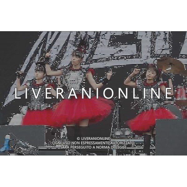 J-Metal group Babymetal perform on the main stage at Sonisphere Festival, Knebworth, UK on 5th July 2014. The band consists of Suzuka Nakamoto (Su-Metal - wearing two gloves), Moa Kikuchi (Moametal - wearing glove on left hand) and Yui Mizuno (Yuimetal - wearing glove on right hand) ©PHOTOSHOT/Agenzia Aldo Liverani sas - ITALY ONLY - EDITORIAL USE ONLY - Il Gruppo Babymetal J-Metal si esibisce sul palco de Festival Sonisphere, Knebworth, Regno Unito il 5 luglio 2014