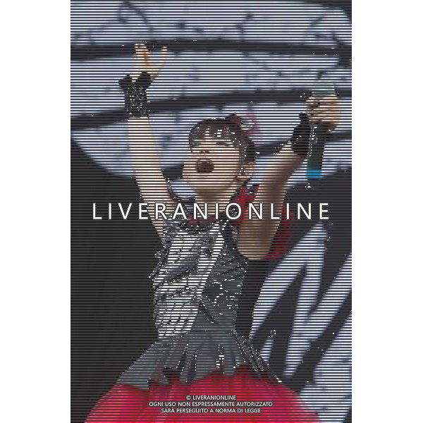 J-Metal group Babymetal perform on the main stage at Sonisphere Festival, Knebworth, UK on 5th July 2014. The band consists of Suzuka Nakamoto (Su-Metal - wearing two gloves), Moa Kikuchi (Moametal - wearing glove on left hand) and Yui Mizuno (Yuimetal - wearing glove on right hand) ©PHOTOSHOT/Agenzia Aldo Liverani sas - ITALY ONLY - EDITORIAL USE ONLY - Il Gruppo Babymetal J-Metal si esibisce sul palco de Festival Sonisphere, Knebworth, Regno Unito il 5 luglio 2014
