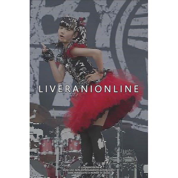 J-Metal group Babymetal perform on the main stage at Sonisphere Festival, Knebworth, UK on 5th July 2014. The band consists of Suzuka Nakamoto (Su-Metal - wearing two gloves), Moa Kikuchi (Moametal - wearing glove on left hand) and Yui Mizuno (Yuimetal - wearing glove on right hand) ©PHOTOSHOT/Agenzia Aldo Liverani sas - ITALY ONLY - EDITORIAL USE ONLY - Il Gruppo Babymetal J-Metal si esibisce sul palco de Festival Sonisphere, Knebworth, Regno Unito il 5 luglio 2014