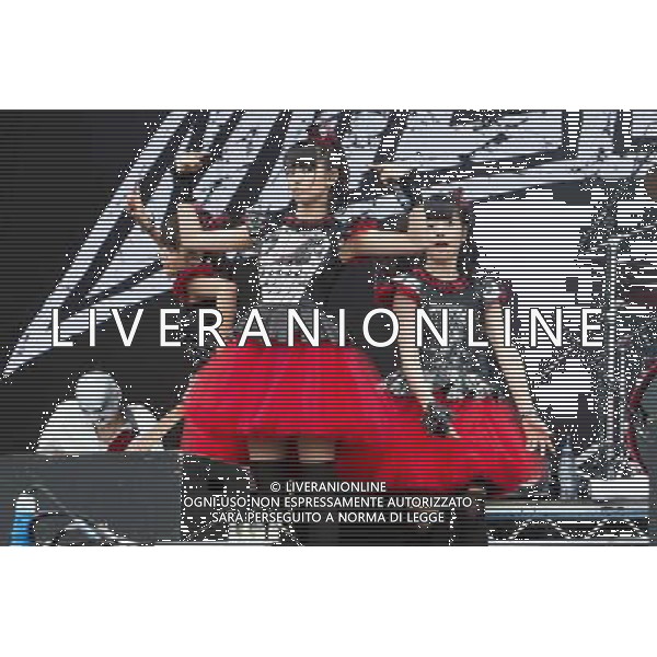 J-Metal group Babymetal perform on the main stage at Sonisphere Festival, Knebworth, UK on 5th July 2014. The band consists of Suzuka Nakamoto (Su-Metal - wearing two gloves), Moa Kikuchi (Moametal - wearing glove on left hand) and Yui Mizuno (Yuimetal - wearing glove on right hand) ©PHOTOSHOT/Agenzia Aldo Liverani sas - ITALY ONLY - EDITORIAL USE ONLY - Il Gruppo Babymetal J-Metal si esibisce sul palco de Festival Sonisphere, Knebworth, Regno Unito il 5 luglio 2014