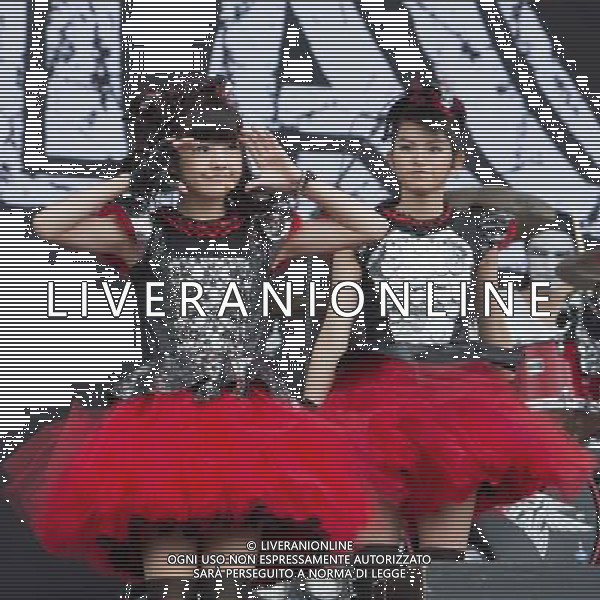 J-Metal group Babymetal perform on the main stage at Sonisphere Festival, Knebworth, UK on 5th July 2014. The band consists of Suzuka Nakamoto (Su-Metal - wearing two gloves), Moa Kikuchi (Moametal - wearing glove on left hand) and Yui Mizuno (Yuimetal - wearing glove on right hand) ©PHOTOSHOT/Agenzia Aldo Liverani sas - ITALY ONLY - EDITORIAL USE ONLY - Il Gruppo Babymetal J-Metal si esibisce sul palco de Festival Sonisphere, Knebworth, Regno Unito il 5 luglio 2014