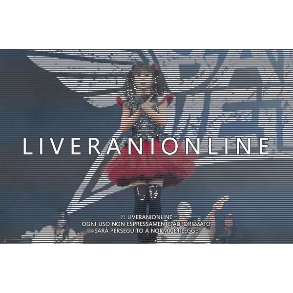 J-Metal group Babymetal perform on the main stage at Sonisphere Festival, Knebworth, UK on 5th July 2014. The band consists of Suzuka Nakamoto (Su-Metal - wearing two gloves), Moa Kikuchi (Moametal - wearing glove on left hand) and Yui Mizuno (Yuimetal - wearing glove on right hand) ©PHOTOSHOT/Agenzia Aldo Liverani sas - ITALY ONLY - EDITORIAL USE ONLY - Il Gruppo Babymetal J-Metal si esibisce sul palco de Festival Sonisphere, Knebworth, Regno Unito il 5 luglio 2014