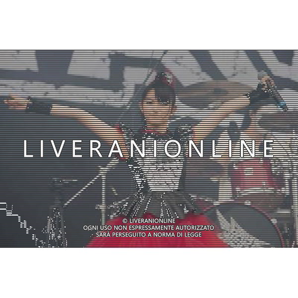 J-Metal group Babymetal perform on the main stage at Sonisphere Festival, Knebworth, UK on 5th July 2014. The band consists of Suzuka Nakamoto (Su-Metal - wearing two gloves), Moa Kikuchi (Moametal - wearing glove on left hand) and Yui Mizuno (Yuimetal - wearing glove on right hand) ©PHOTOSHOT/Agenzia Aldo Liverani sas - ITALY ONLY - EDITORIAL USE ONLY - Il Gruppo Babymetal J-Metal si esibisce sul palco de Festival Sonisphere, Knebworth, Regno Unito il 5 luglio 2014