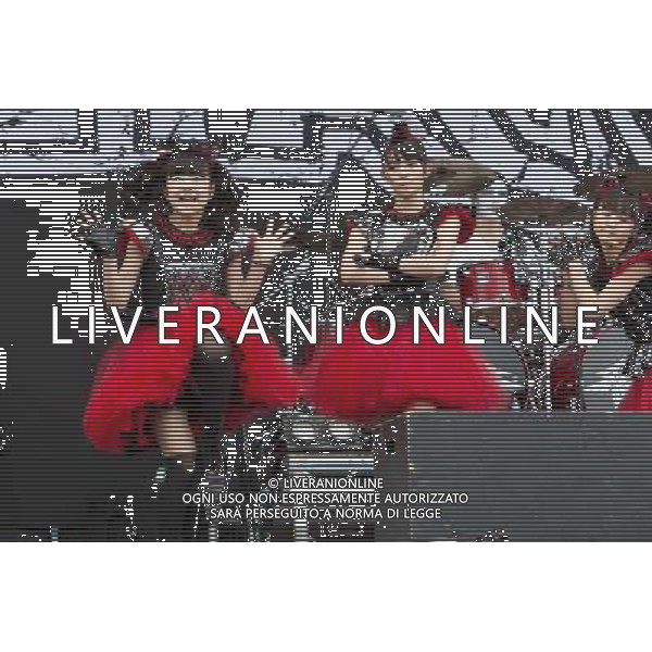 J-Metal group Babymetal perform on the main stage at Sonisphere Festival, Knebworth, UK on 5th July 2014. The band consists of Suzuka Nakamoto (Su-Metal - wearing two gloves), Moa Kikuchi (Moametal - wearing glove on left hand) and Yui Mizuno (Yuimetal - wearing glove on right hand) ©PHOTOSHOT/Agenzia Aldo Liverani sas - ITALY ONLY - EDITORIAL USE ONLY - Il Gruppo Babymetal J-Metal si esibisce sul palco de Festival Sonisphere, Knebworth, Regno Unito il 5 luglio 2014