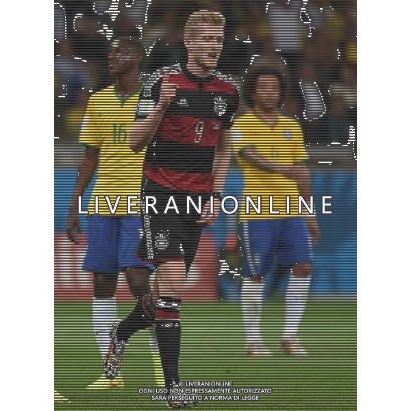 (140708) -- BELO HORIZONTE, July 8, 2014 () -- Germany\'s Andre Schuerrle celebrates a goal during a semifinal match between Brazil and Germany of 2014 FIFA World Cup at the Estadio Mineirao Stadium in Belo Horizonte, Brazil, on July 8, 2014. Germany won 7-1 over Brazil and qualified for the final on Tuesday.(/Li Ga)(rh) ©photoshot/Agenzia Aldo Liverani sas - ITALY ONLY - EDITORIAL USE ONLY - BRASILE VS GERMANIA partita di semifinale Coppa del mondo FIFA 2014 Mineirao stadio Estadio a Belo Horizonte, in Brasile, 8 luglio 2014, la Germania ha vinto 7-1 e qualificato per la finale