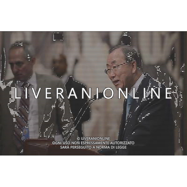 (140710) -- NEW YORK, July 10, 2014 () -- United Nations Secretary-General Ban Ki-moon (R) speaks during a press briefing at the UN headquarters in New York, on July 10, 2014. UN chief Ban Ki-moon Thursday named veteran UN official Staffan de Mistura as new UN mediator on Syria crisis to succeed former UN-Arab League envoy Lakhdar Brahimi. (/Niu Xiaolei) ©PHOTOSHOT/Agenzia Aldo Liverani sas - - ITALY ONLY - EDITORIAL USE ONLY - il Segretario Generale delle Nazioni Unite Ban Ki-moon parla durante una conferenza stampa presso la sede delle Nazioni Unite a New York, il 10 luglio 2014 