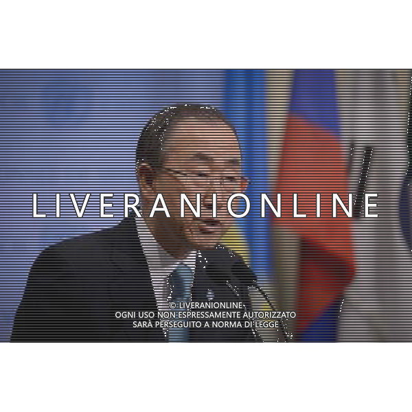 (140710) -- NEW YORK, July 10, 2014 () -- United Nations Secretary-General Ban Ki-moon speaks during a press briefing at the UN headquarters in New York, on July 10, 2014. UN chief Ban Ki-moon Thursday named veteran UN official Staffan de Mistura as new UN mediator on Syria crisis to succeed former UN-Arab League envoy Lakhdar Brahimi. (/Niu Xiaolei) ©PHOTOSHOT/Agenzia Aldo Liverani sas - - ITALY ONLY - EDITORIAL USE ONLY - il Segretario Generale delle Nazioni Unite Ban Ki-moon parla durante una conferenza stampa presso la sede delle Nazioni Unite a New York, il 10 luglio 2014 