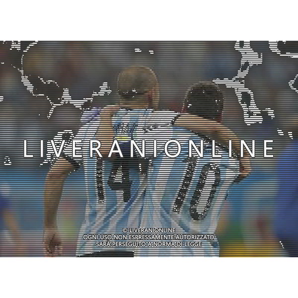 (140709) -- SAO PAULO, July 9, 2014 () -- Argentina\'s Lionel Messi (R) and Javier Mascherano celebrate their victory after a semifinal match between Netherlands and Argentina of 2014 FIFA World Cup at the Arena de Sao Paulo Stadium in Sao Paulo, Brazil, on July 9, 2014. Argentina won 4-2 on penalties over Netherlands after a 0-0 tie and qualified for the final on Wednesday. (/Zhou Lei)(pcy) ©PHOTOSHOT/Agenzia Aldo Liverani sas - - ITALY ONLY - EDITORIAL USE ONLY - Olanda e Argentina semifinale della Coppa del mondo FIFA 2014 presso l\'Arena de Sao Paulo Stadium di San Paolo, Brasile, il 9 luglio 2014. Argentina ha vinto 4-2 ai rigori e qualificata per la finale