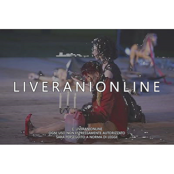10 July 2014, Muelheim an der Ruhr, Germany. Maria Neumann as Christian and Dagmar Geppert as Marie. Roberto Ciulli\'s Theater an der Ruhr perform \'Woyzeck - ein musikalischer Fall\' as part of their open-air season \'Weisse Naechte\' (White Nights) in Raffelbergpark in Muelheim an der Ruhr, Germany. With Rupert J Seidl as Franz Woyzeck, Dagmar Geppert as Marie and Maria Neumann as Christian, Marie\'s child. ©PHOTOSHOT/Agenzia Aldo Liverani sas - ITALY ONLY - EDITORIAL USE ONLY