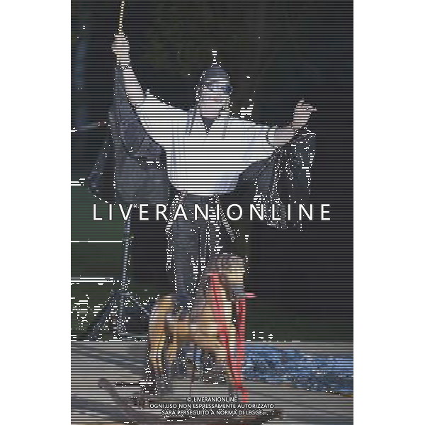 10 July 2014, Muelheim an der Ruhr, Germany. Matthias Flake as First Person. Roberto Ciulli\'s Theater an der Ruhr perform \'Woyzeck - ein musikalischer Fall\' as part of their open-air season \'Weisse Naechte\' (White Nights) in Raffelbergpark in Muelheim an der Ruhr, Germany. With Rupert J Seidl as Franz Woyzeck, Dagmar Geppert as Marie and Maria Neumann as Christian, Marie\'s child. ©PHOTOSHOT/Agenzia Aldo Liverani sas - ITALY ONLY - EDITORIAL USE ONLY