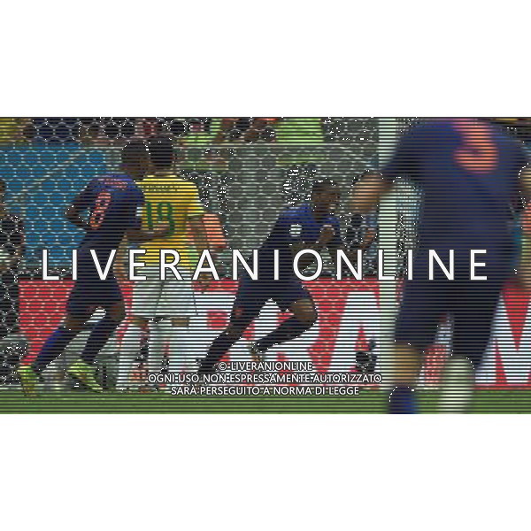 (140712) -- BRASILIA, July 12, 2014 () -- Netherlands\' Georginio Wijnaldum (3rd L) celebrates after scoring a goal during the third place play-off match between Brazil and Netherlands of 2014 FIFA World Cup at the Estadio Nacional Stadium in Brasilia, Brazil, on July 12, 2014. Netherlands won 3-0 over Brazil and took the third place of the tournament on Saturday. (/Guo Yong)(pcy) AG ALDO LIVERANI SAS ONLY ITALY