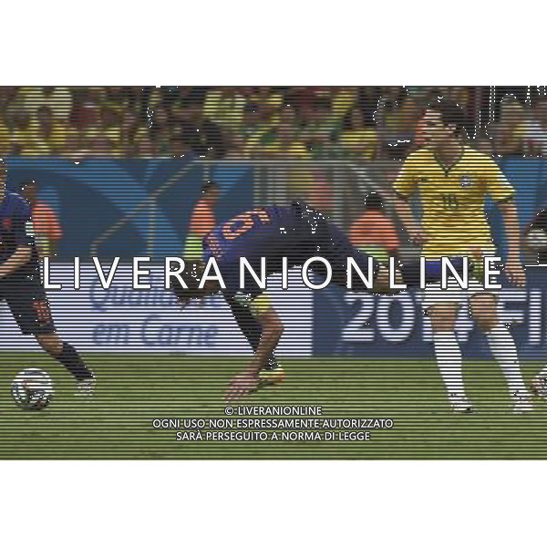 (140712) -- BRASILIA, July 12, 2014 () -- Netherlands\' Robin van Persie (No.9) falls down during the third place play-off match between Brazil and Netherlands of 2014 FIFA World Cup at the Estadio Nacional Stadium in Brasilia, Brazil, on July 12, 2014. Netherlands won 3-0 over Brazil and took the third place of the tournament on Saturday.(/Yang Lei)(rh) AG ALDO LIVERANI SAS ONLY ITALY