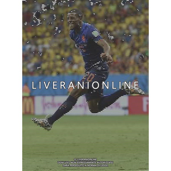 (140712) -- BRASILIA, July 12, 2014 () -- Netherlands\' Georginio Wijnaldum celebrates his goal during the third place play-off match between Brazil and Netherlands of 2014 FIFA World Cup at the Estadio Nacional Stadium in Brasilia, Brazil, on July 12, 2014. Netherlands won 3-0 over Brazil and took the third place of the tournament on Saturday.(/Yang Lei)(rh) AG ALDO LIVERANI SAS ONLY ITALY