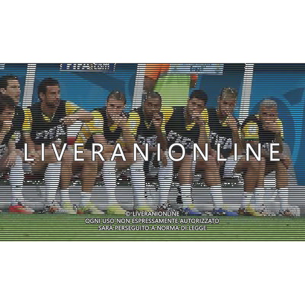(140712) -- BRASILIA, July 12, 2014 () -- Brazil\'s Neymar (2nd R) looks on on the bench during the third place play-off match between Brazil and Netherlands of 2014 FIFA World Cup at the Estadio Nacional Stadium in Brasilia, Brazil, on July 12, 2014.(/Cao Can)(rh) AG ALDO LIVERANI SAS ONLY ITALY