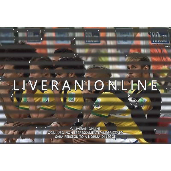 (140712) -- BRASILIA, July 12, 2014 () -- Brazil\'s injured Neymar (1st R) reacts on the bench during the third place play-off match between Brazil and Netherlands of 2014 FIFA World Cup at the Estadio Nacional Stadium in Brasilia, Brazil, on July 12, 2014.(/Guo Yong)(pcy) AG ALDO LIVERANI SAS ONLY ITALY