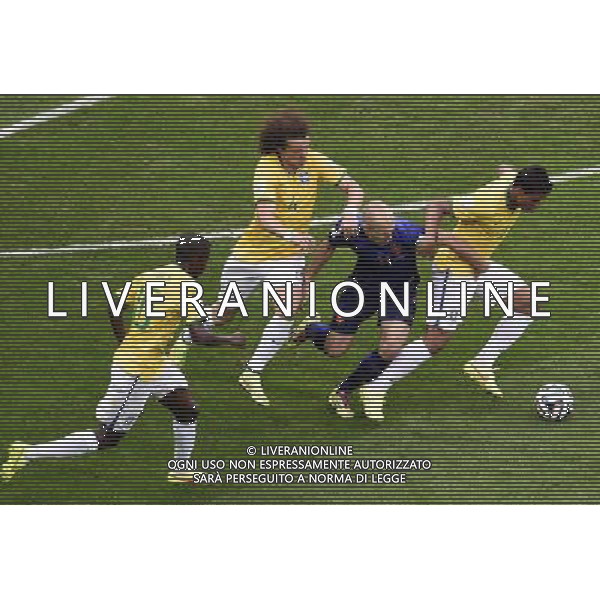 (140712) -- BRASILIA, July 12, 2014 () -- Netherlands\' Arjen Robben (2nd R) is challenged by Brazil\'s David Luiz (3rd R) and Paulinho (1st R) during the third place play-off match between Brazil and Netherlands of 2014 FIFA World Cup at the Estadio Nacional Stadium in Brasilia, Brazil, on July 12, 2014.(/Lui Siu Wai)(pcy) AG ALDO LIVERANI SAS ONLY ITALY